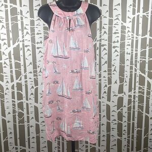 St. Tropez West Linen Sailboat Print Pink High Neck Dress S